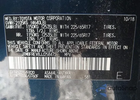 2018 Toyota Rav4 Le z USA, uszkodzony, nr VIN JTMBFREV8JJ258472